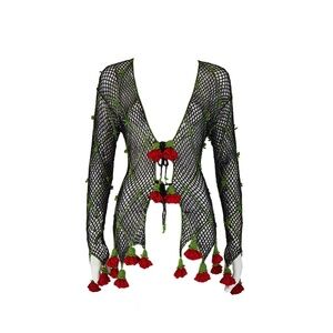 Moschino Cheap and Chic S/S 1997 Black Knit Crochet Red Rose Cardigan